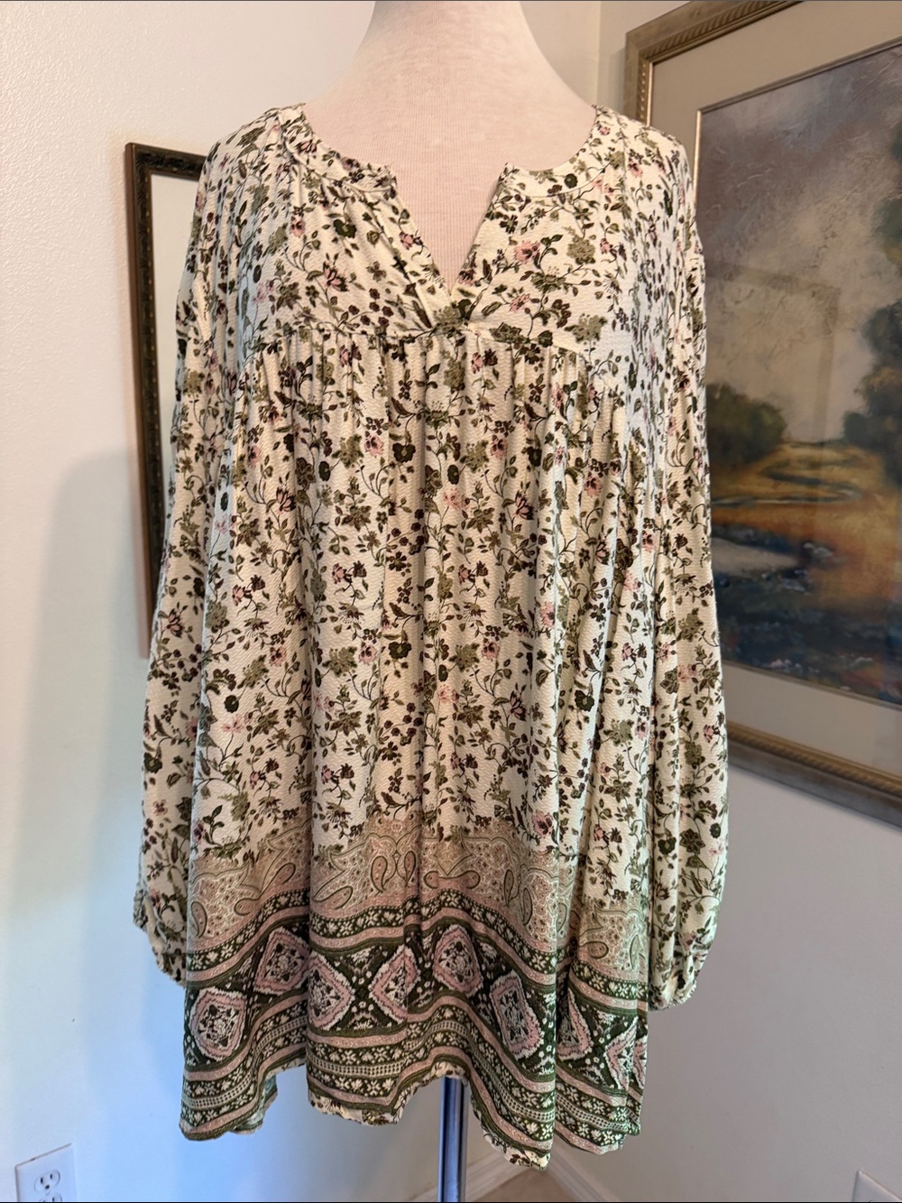 Sacred Threads Oversized Floral Peasant Tunic w/ Contrasting Pattern O/S